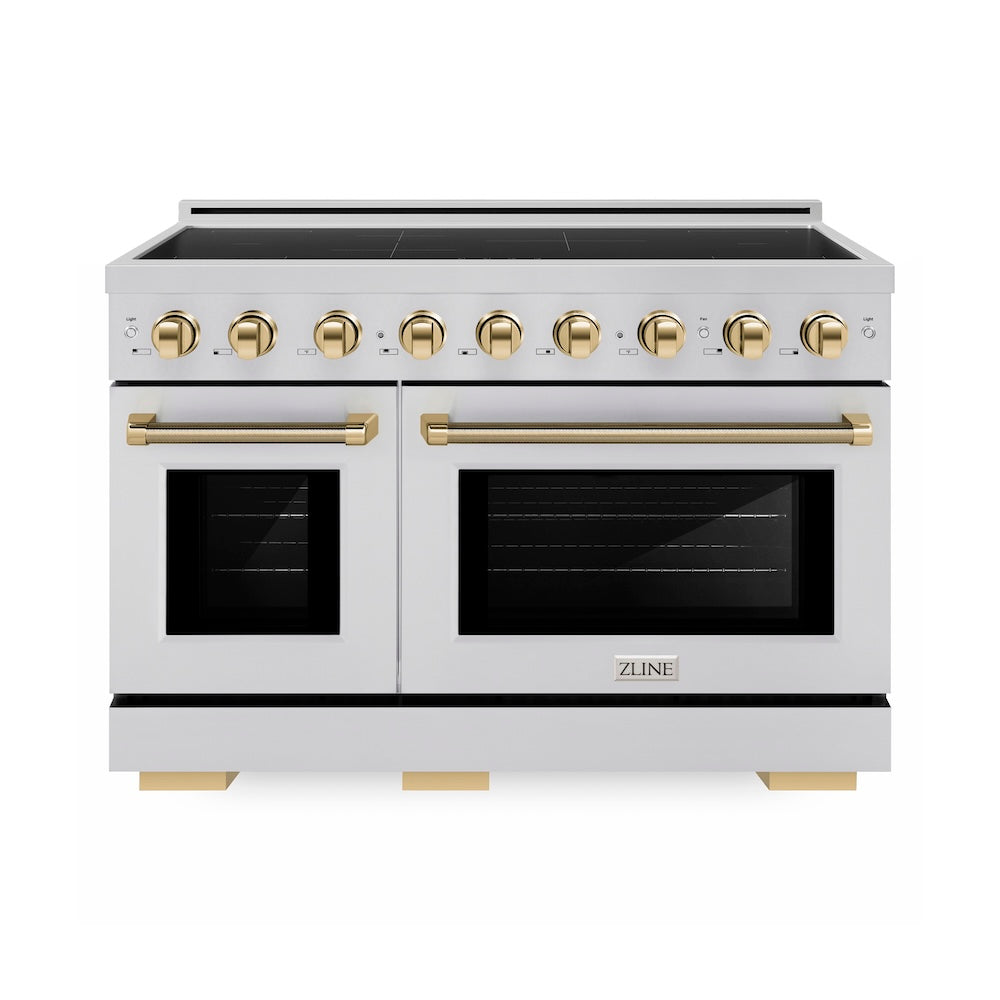 ZLINE Autograph Edition 48 in. 6.7 cu. ft. Paramount Induction Range with 7 Element Cooktop and Dual Ovens in Stainless Steel with Polished Gold Helix Handles and Knob Accents (SINRZ-48-KG)