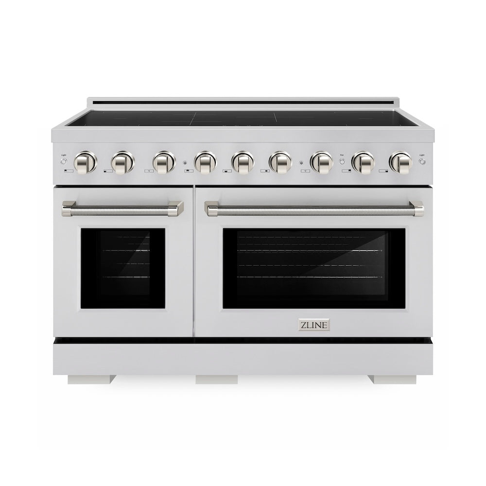 ZLINE Autograph Edition 48 in. 6.7 cu. ft. Paramount Induction Range with 7 Element Cooktop and Dual Ovens in Stainless Steel with Polished Nickel Helix Handles and Knob Accents (SINRZ-48-KPN)