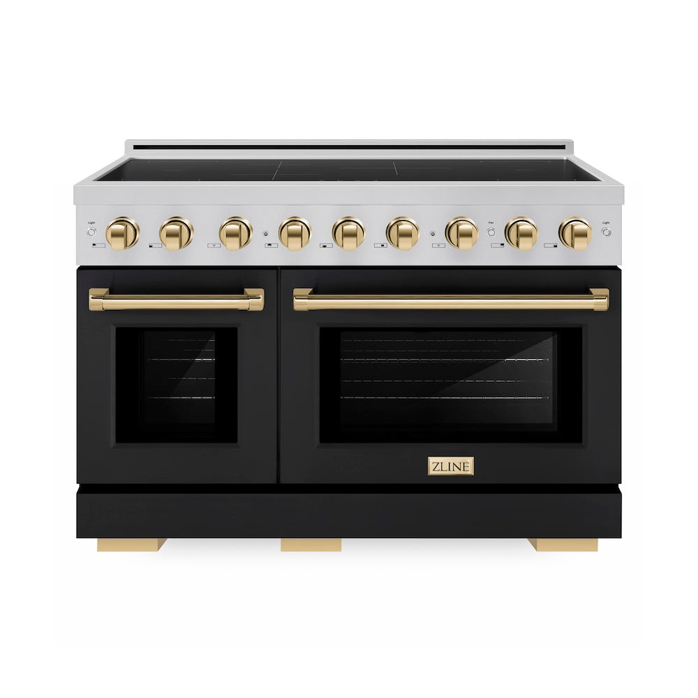 ZLINE Autograph Edition 48 in. 6.7 cu. ft. Paramount Induction Range with 7 Element Cooktop and Dual Ovens in Stainless Steel with Black Matte Doors and Polished Gold Accents (SINRZ-BLM-48-G)