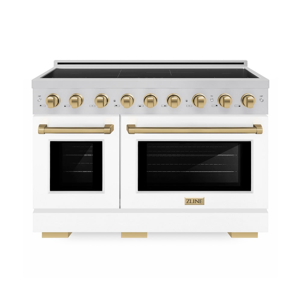 ZLINE Autograph Edition 48 in. 6.7 cu. ft. Paramount Induction Range with 7 Element Cooktop and Dual Ovens in Stainless Steel with White Matte Doors and Champagne Bronze Accents (SINRZ-WM-48-CB)
