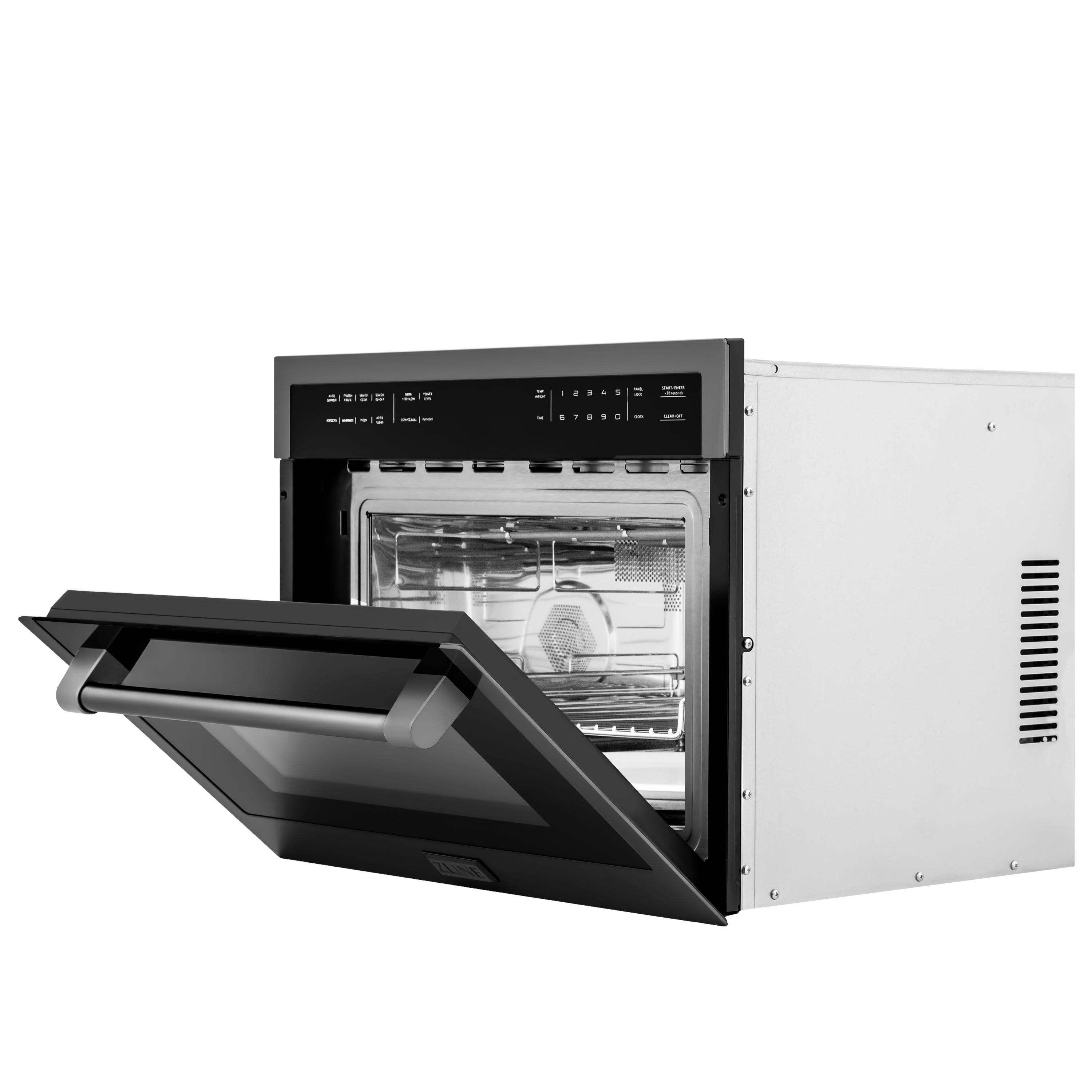 ZLINE 24 in. Black Stainless Steel Built-in Convection Microwave Oven with Speed and Sensor Cooking (MWO-24-BS) Side View Door Partially Open