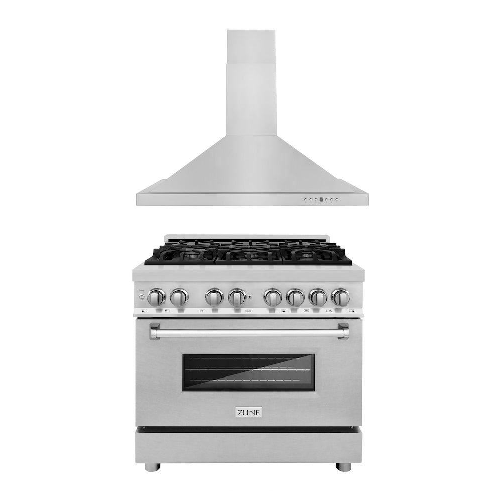 ZLINE 36 in. Kitchen Package with Satin Stainless Steel Dual Fuel Range and Convertible Vent Range Hood (2KP-RASNRH36)