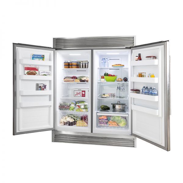 Forno Stainless Steel 60 in. Professional Refrigerator side with doors open.