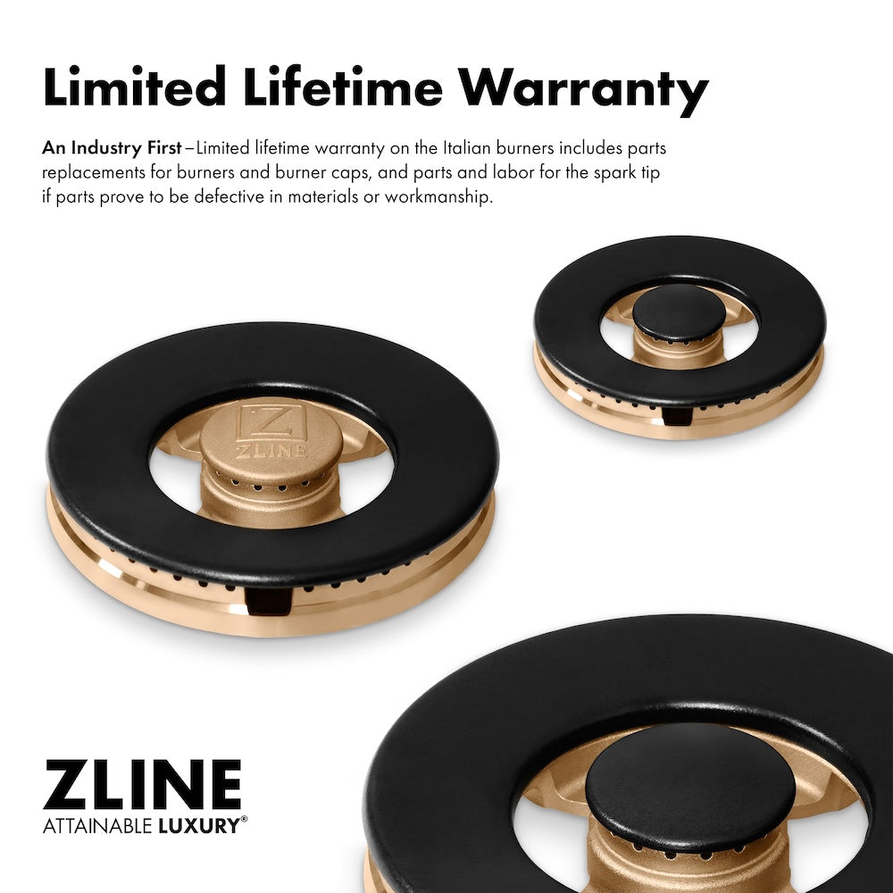 DuoPro™ brass burners on a white background. Text: Limited Lifetime Warranty. An Industry First. Limited lifetime warranty on the Italian burners includes parts replacements for burners and burner caps, and parts and labor for the spark tip if parts prove to be defective in materials or workmanship.