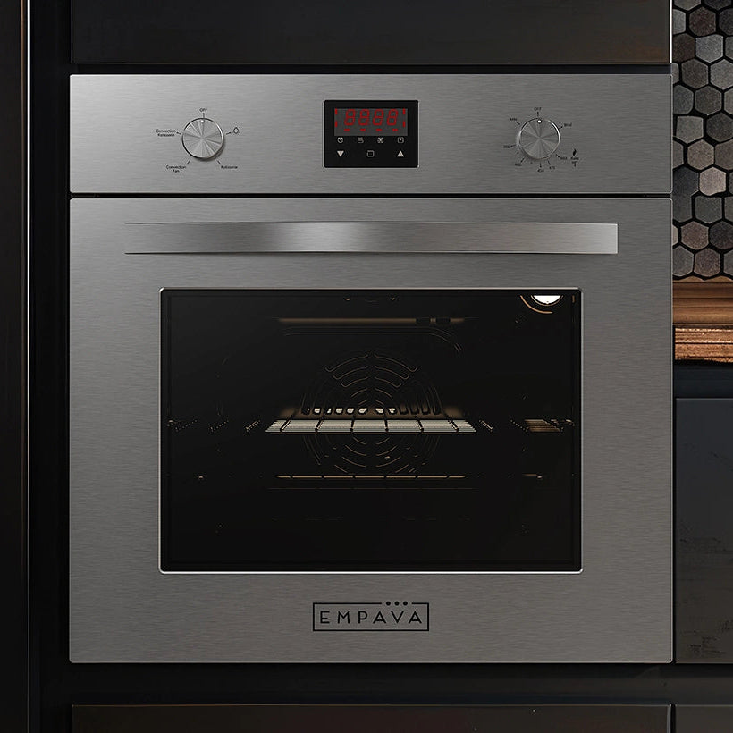 Empava 24 in. Single Natural Gas Wall Oven in Stainless Steel (24WO09) in a dark kitchen.