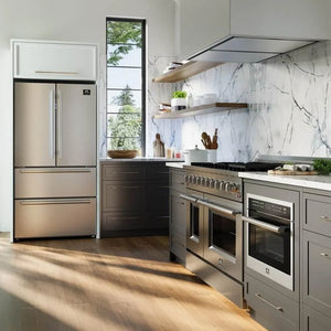 Forno Galiano Professional - 48 in. 6.58 cu. ft. Range with Gas Stove and Gas Oven in Stainless Steel (FFSGS6244-48) in a kitchen with stainless steel appliances and marble backsplash