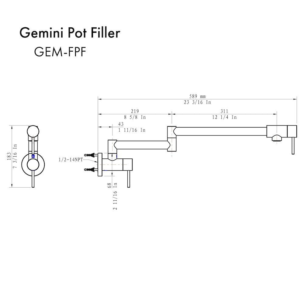 ZLINE Gemini Pot Filler (GEM-FPF) dimensional diagram.