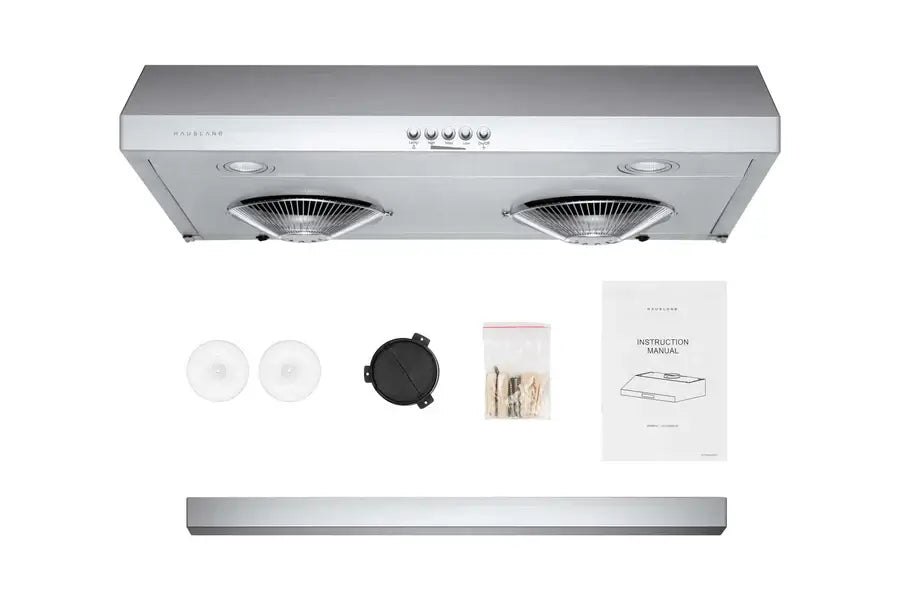 Hauslane Chef 30 in. Ducted Stainless Steel Under Cabinet Range Hood (UC-C100SS-30) with included parts and hardware.