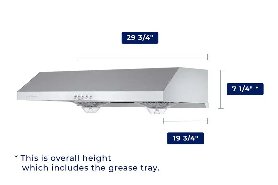 Hauslane Chef 30 in. Ducted Stainless Steel Under Cabinet Range Hood (UC-C100SS-30) dimensional diagram with measurements.