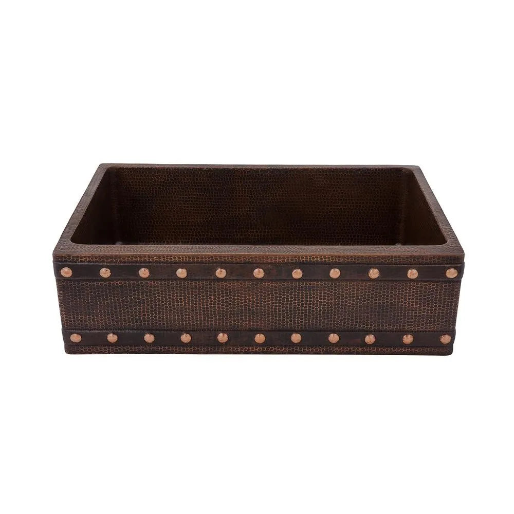 Premier Copper Hammered Copper Apron Front Single Basin Kitchen Sink w/ Barrel Strap Design
