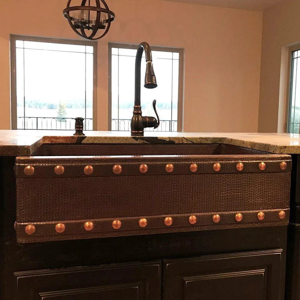 Premier Copper Hammered Copper Apron Front Single Basin Kitchen Sink w/ Barrel Strap Design