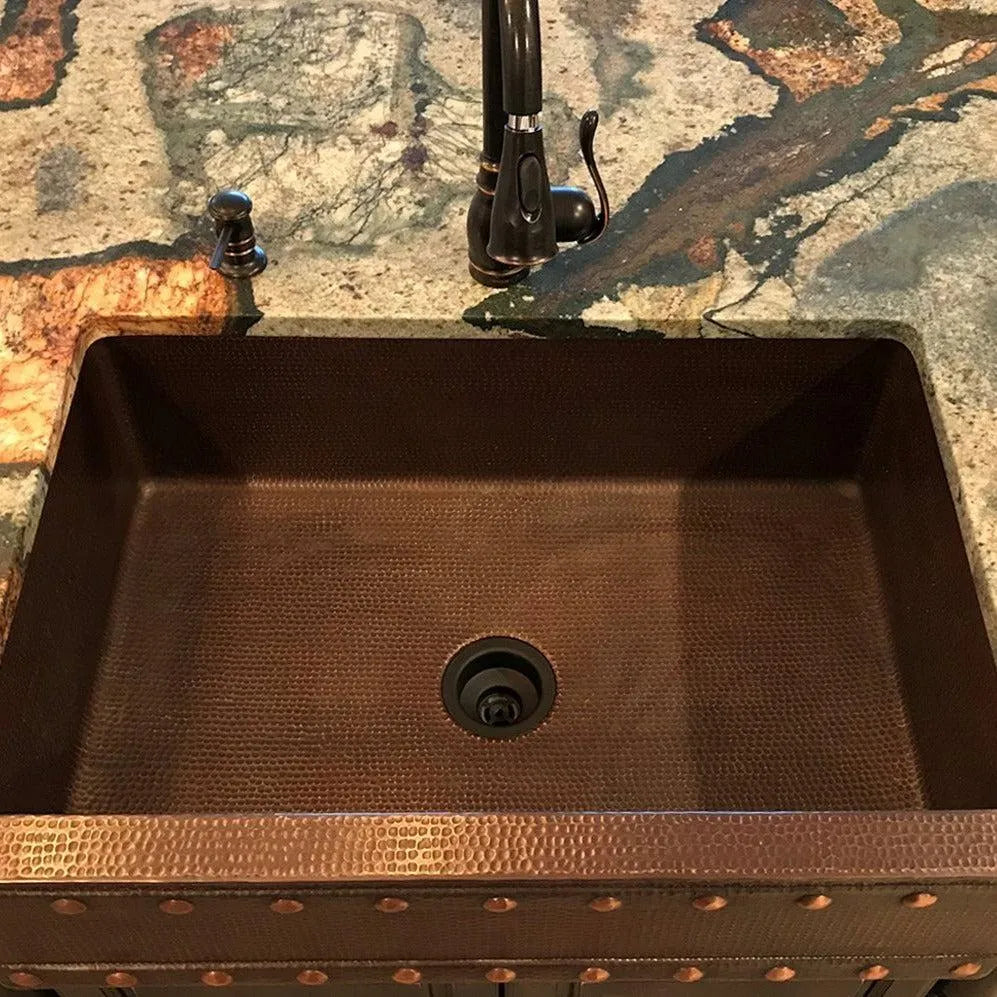Premier Copper Hammered Copper Apron Front Single Basin Kitchen Sink w/ Barrel Strap Design