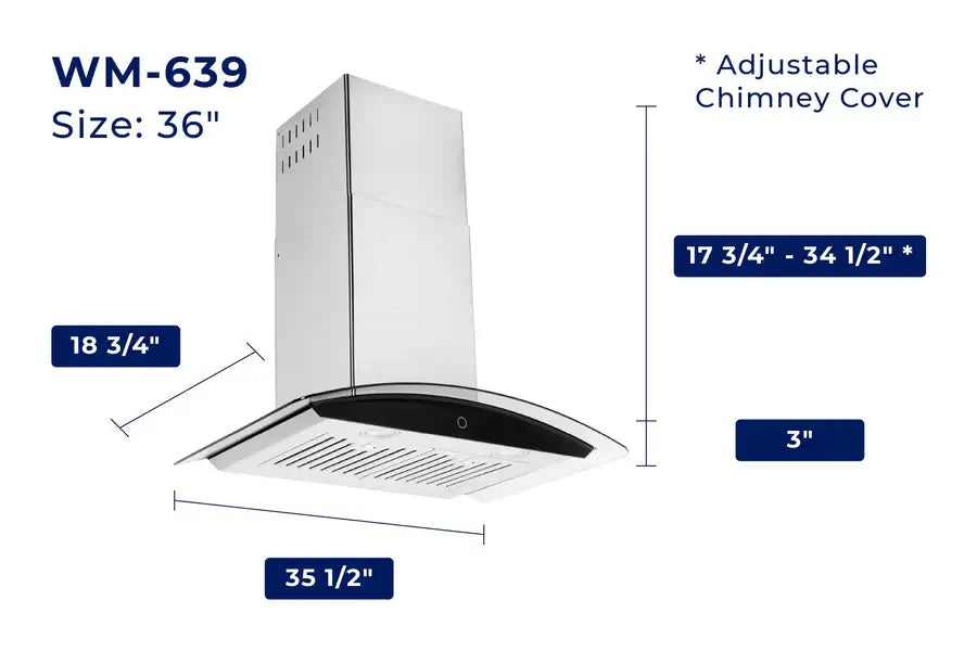 Hauslane Chef Convertible Stainless Steel Wall Mount Range Hood (WM-639SS) dimensional diagram with measurements for 36-inch size.