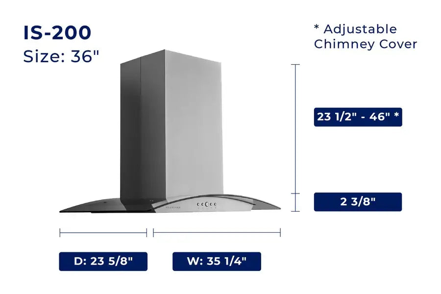 Hauslane Chef Convertible Stainless Steel Island Mount Range Hood (IS-200SS) dimensional diagram with measurements for 36-inch size.