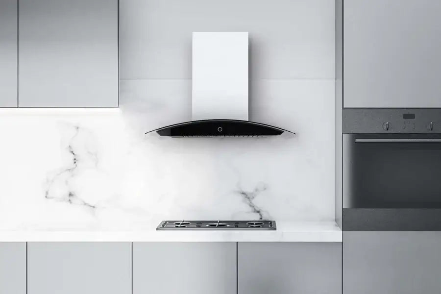 Hauslane Chef Convertible Stainless Steel Wall Mount Range Hood (WM-639SS) lifestyle, in a modern kitchen.