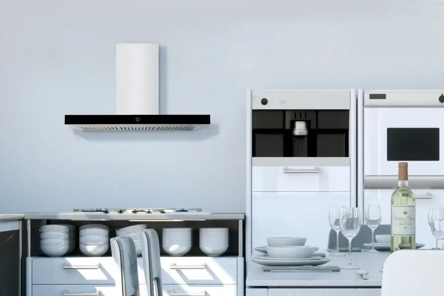 Hauslane Chef Convertible Stainless Steel Wall-Mount Range Hood (WM-739SS) lifestyle, in a modern kitchen.