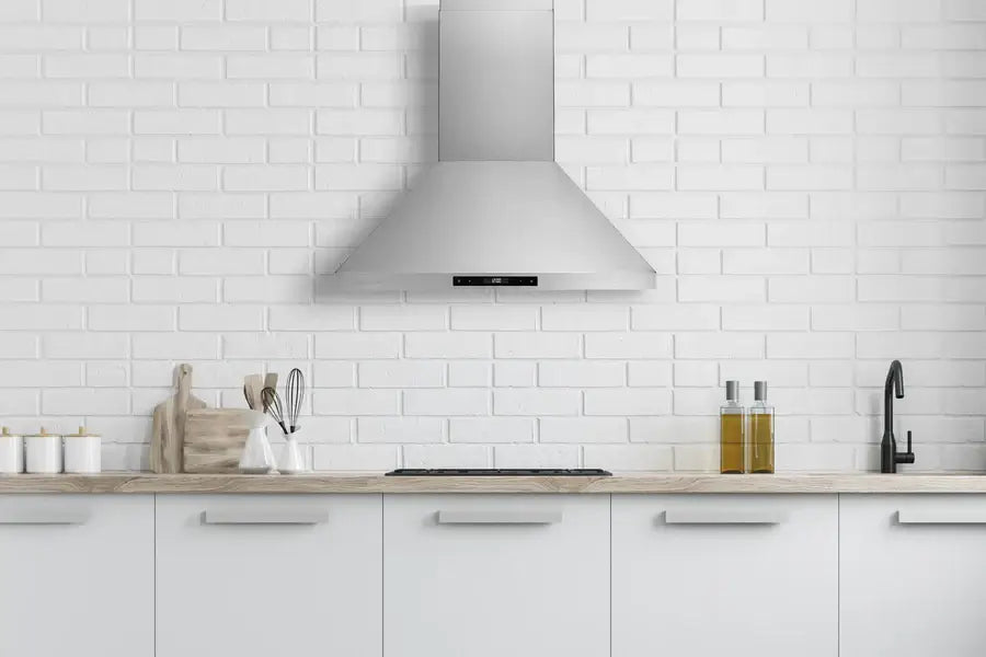 Hauslane Chef Convertible Stainless Steel Wall Mount Range Hood (WM-538SS) lifestyle, in a farmhouse-style kitchen.