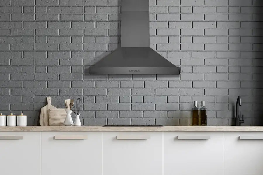 Hauslane Chef 30 in. Convertible Black Stainless Steel Wall Mount Range Hood (WM-590BSS-30) lifestyle, in a modern kitchen.