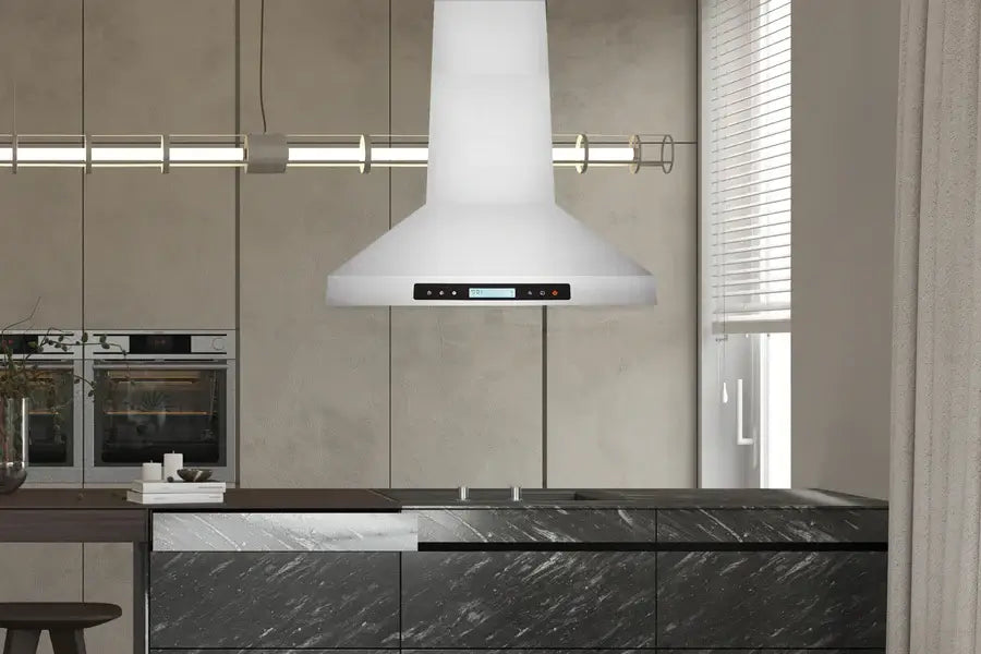 Hauslane Chef Ducted Stainless Steel Island Mount Range Hood (IS-500SS) lifestyle, in a modern kitchen.