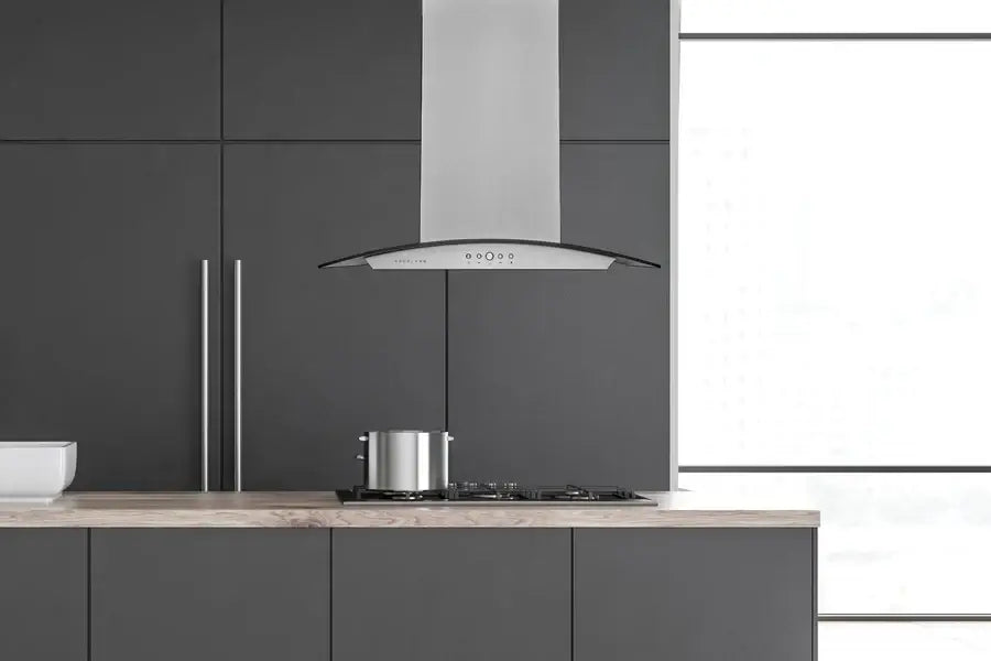 Hauslane Chef Convertible Stainless Steel Island Mount Range Hood (IS-200SS) lifestyle, in a modern kitchen.