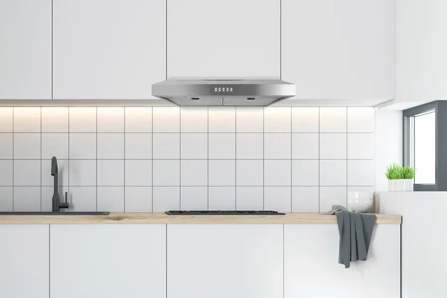 Hauslane 30 in. Convertible Stainless Steel Under Cabinet Range Hood (UC-PS16SS-30) lifestyle, in a modern kitchen.