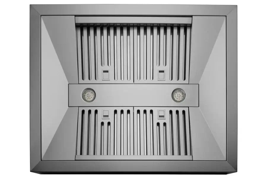 Hauslane Chef Ducted Stainless Steel Island Mount Range Hood (IS-500SS) close-up, baffle filters and built-in lighting.