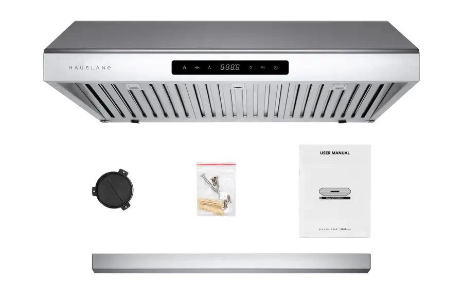 Hauslane Chef 30 in. Ducted Stainless Steel Under Cabinet Range Hood (UC-PS10SS-30) with included parts and hardware. 