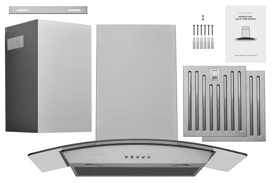 Hauslane Chef Convertible Stainless Steel Wall Mount Range Hood (WM-630SS) with included parts and hardware.