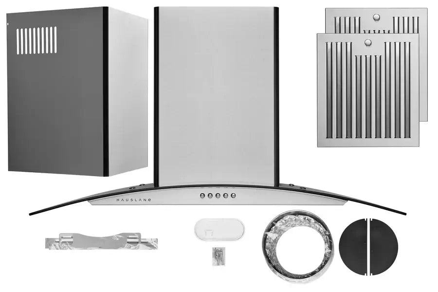 Hauslane Chef Convertible Stainless Steel Wall Mount Range Hood with Size Options (WM-600SS) with included parts and hardware.