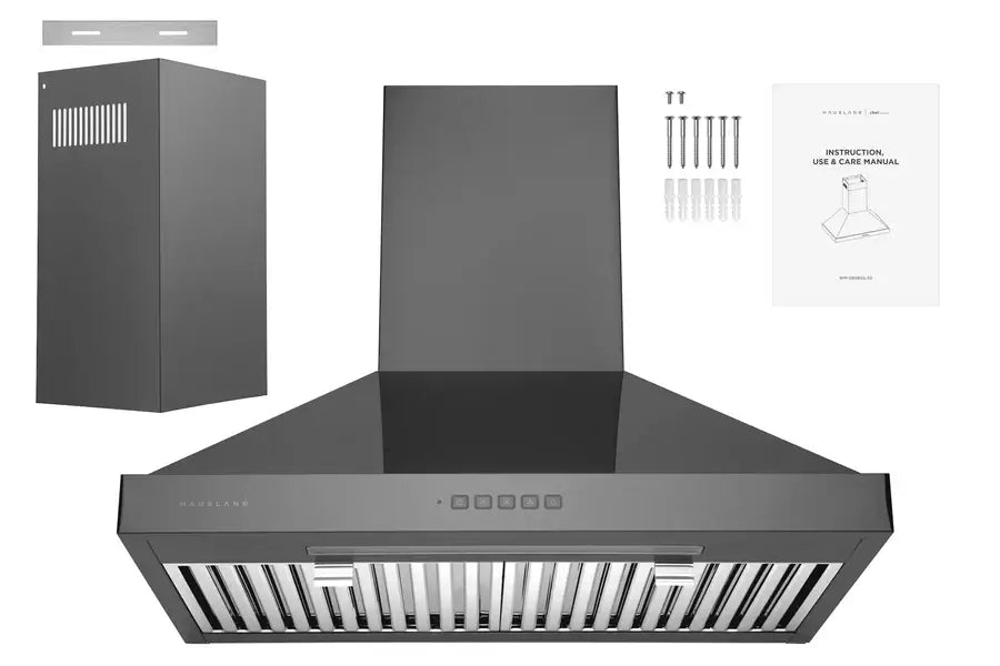 Hauslane Chef 30 in. Convertible Black Stainless Steel Wall Mount Range Hood (WM-590BSS-30) with included chimney and hardware.