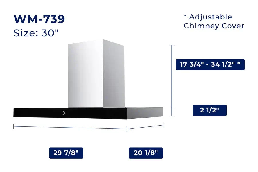 Hauslane Chef Convertible Stainless Steel Wall-Mount Range Hood (WM-739SS) dimensional diagram with measurements for 30-inch size.