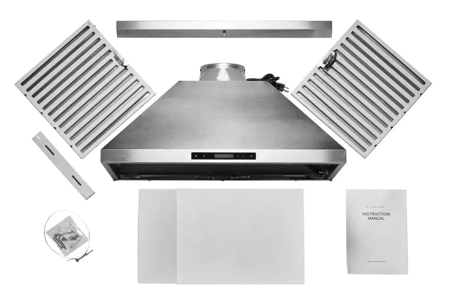 Hauslane Chef Convertible Stainless Steel Wall Mount Range Hood (WM-538SS) with included parts and hardware.