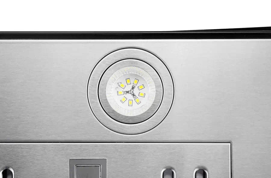 Hauslane Chef Convertible Stainless Steel Wall Mount Range Hood (WM-639SS) close-up, LED lighting.