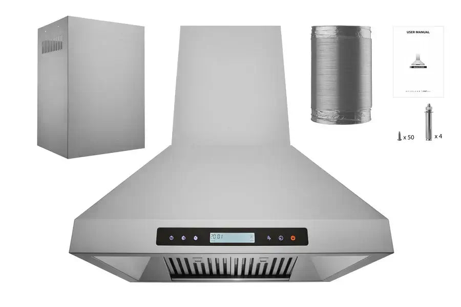 Hauslane Chef Ducted Stainless Steel Island Mount Range Hood (IS-500SS) with included chimney, ducting, and hardware.