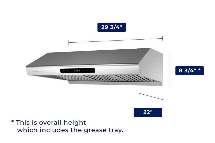 Hauslane Chef 30 in. Ducted Stainless Steel Under Cabinet Range Hood (UC-PS10SS-30) dimensional diagram with measurements.