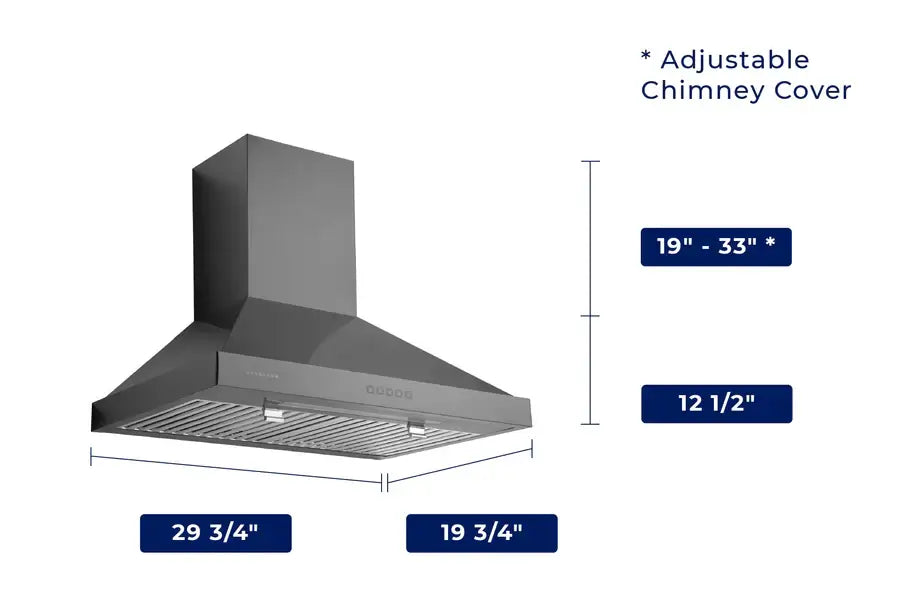 Hauslane Chef 30 in. Convertible Black Stainless Steel Wall Mount Range Hood (WM-590BSS-30) dimensional diagram with measurements.