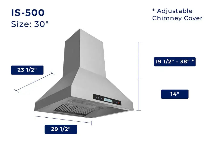 Hauslane Chef Ducted Stainless Steel Island Mount Range Hood (IS-500SS) dimensional diagram for 30-inch size.