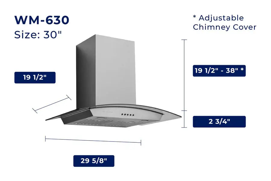 Hauslane Chef Convertible Stainless Steel Wall Mount Range Hood (WM-630SS) dimensional diagram with measurements for 30-inch size.