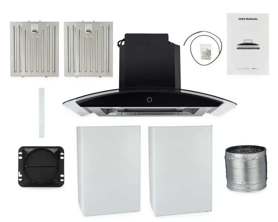 Hauslane Chef Convertible Stainless Steel Wall Mount Range Hood (WM-639SS) with included parts and hardware.