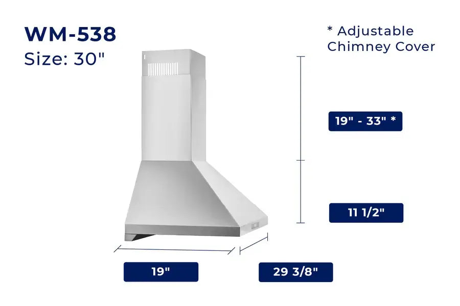 Hauslane Chef Convertible Stainless Steel Wall Mount Range Hood (WM-538SS) dimensional diagram with measurements for 30-inch size.