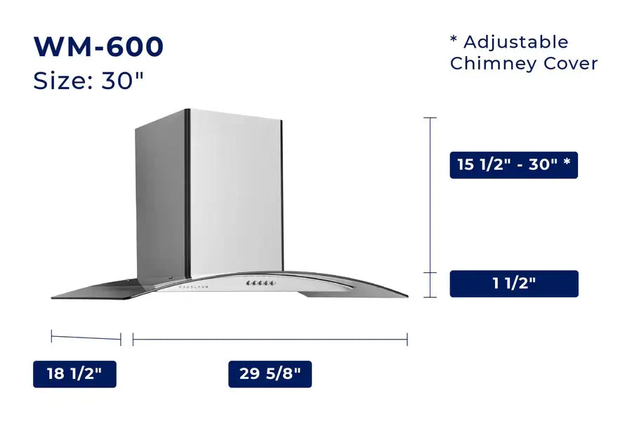 Hauslane Chef Convertible Stainless Steel Wall Mount Range Hood with Size Options (WM-600SS) dimensional diagram with measurements for 30-inch size.