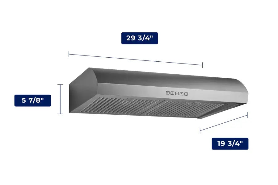 Hauslane Chef 30 in. Convertible Stainless Steel Under Cabinet Range Hood (UC-B018SS-30) dimensional diagram with measurements.