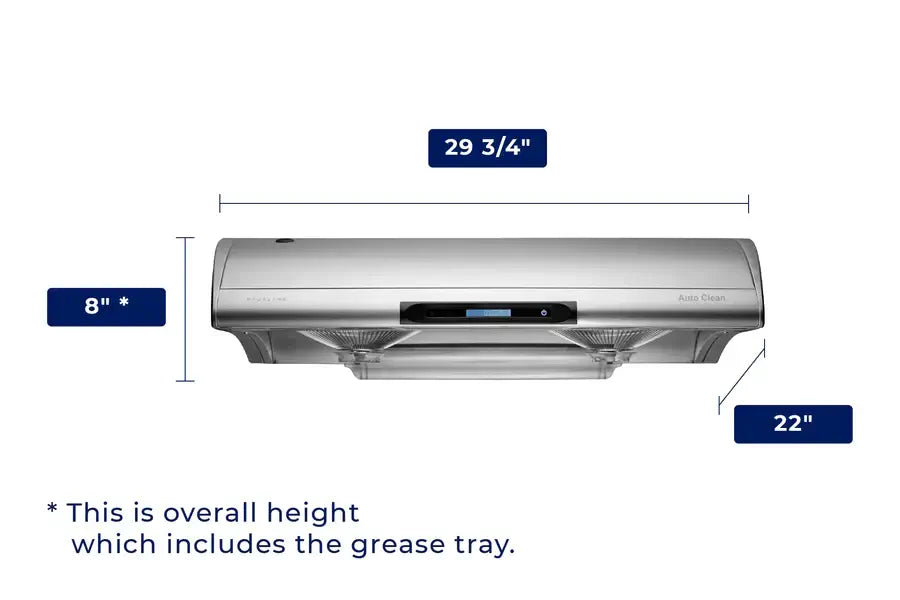 Hauslane Chef 30 in. Ducted Stainless Steel Under Cabinet Range Hood (UC-C400SS-30) dimensional diagram with measurements.