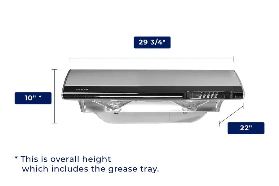 Hauslane Chef 30 in. Ducted Stainless Steel Under Cabinet Range Hood (UC-C190SS-30) dimensional diagram with measurements.