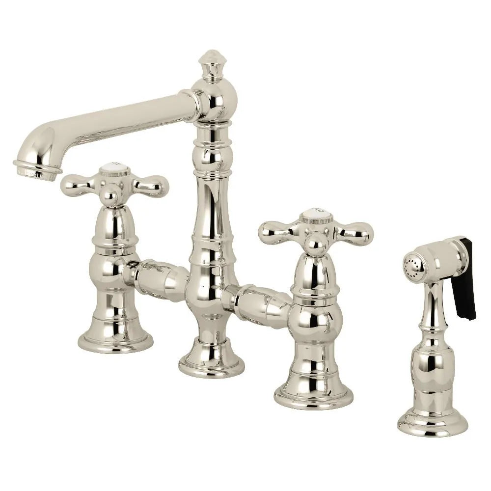 Kingston Brass English Country 8" Bridge Kitchen Faucet with Sprayer (KS7276AXBS) Polished Nickel