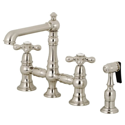 Kingston Brass English Country 8" Bridge Kitchen Faucet with Sprayer (KS7278AXBS) Brushed Nickel