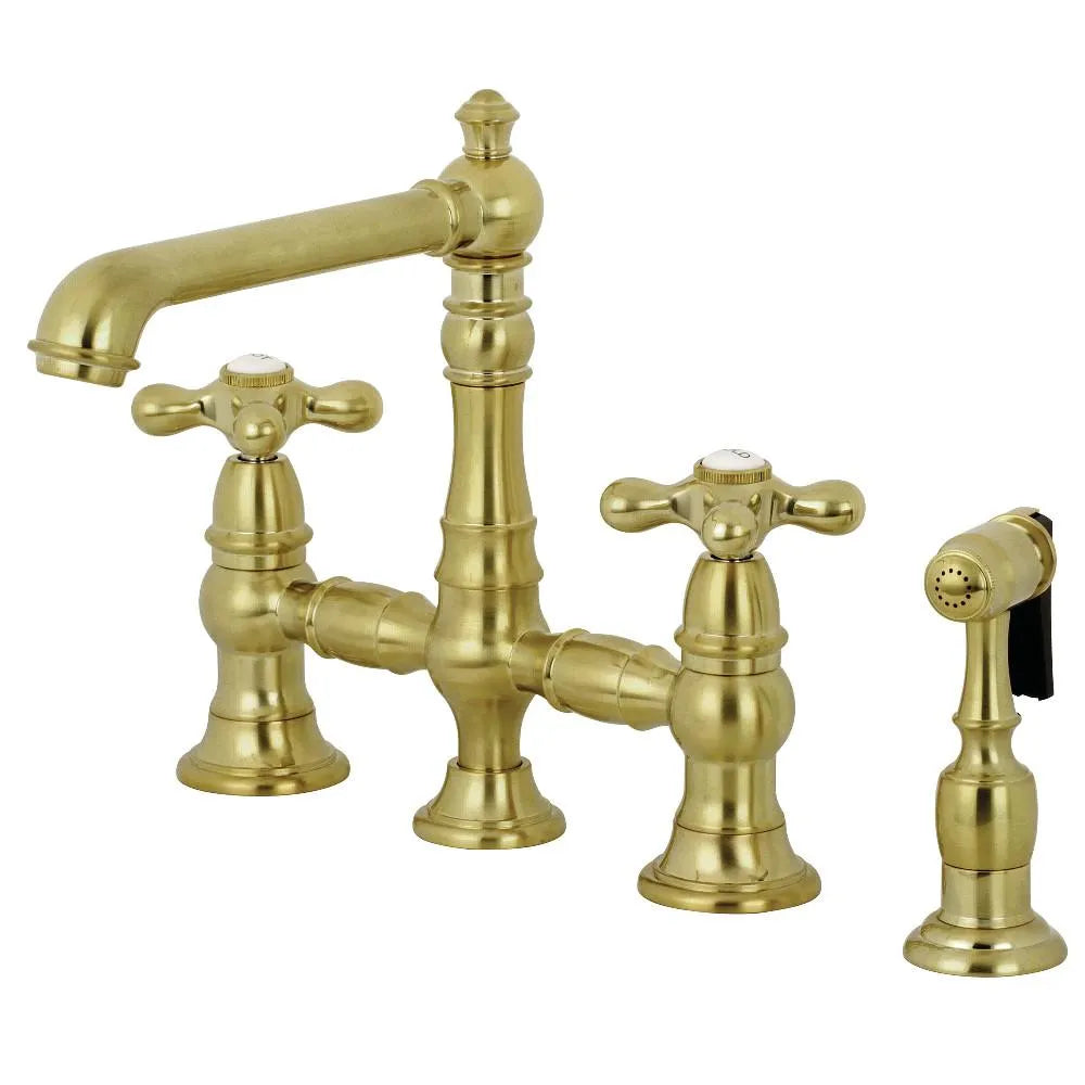 Kingston Brass English Country 8" Bridge Kitchen Faucet with Sprayer (KS7277AXBS) Brushed Brass