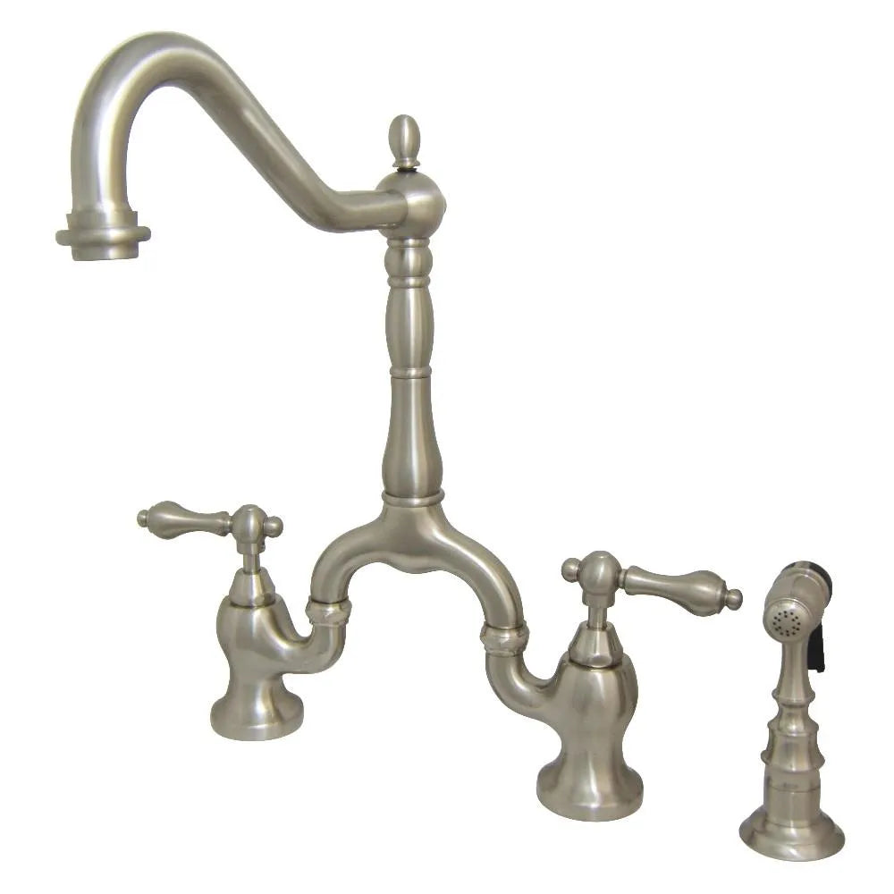 Kingston Brass English Country Kitchen Bridge Faucet with Brass Sprayer (KS7758ALBS) Brushed Nickel