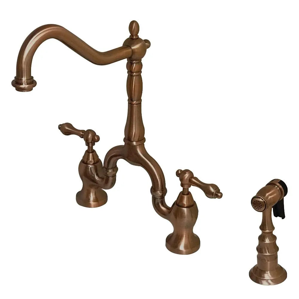 Kingston Brass English Country Kitchen Bridge Faucet with Brass Sprayer (KS7758ALBS) Antique Copper