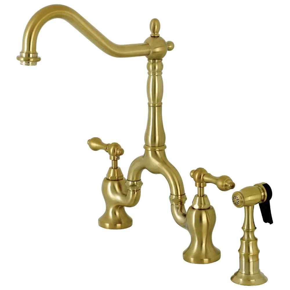 Kingston Brass English Country Kitchen Bridge Faucet with Brass Sprayer (KS7757ALBS) Brushed Brass
